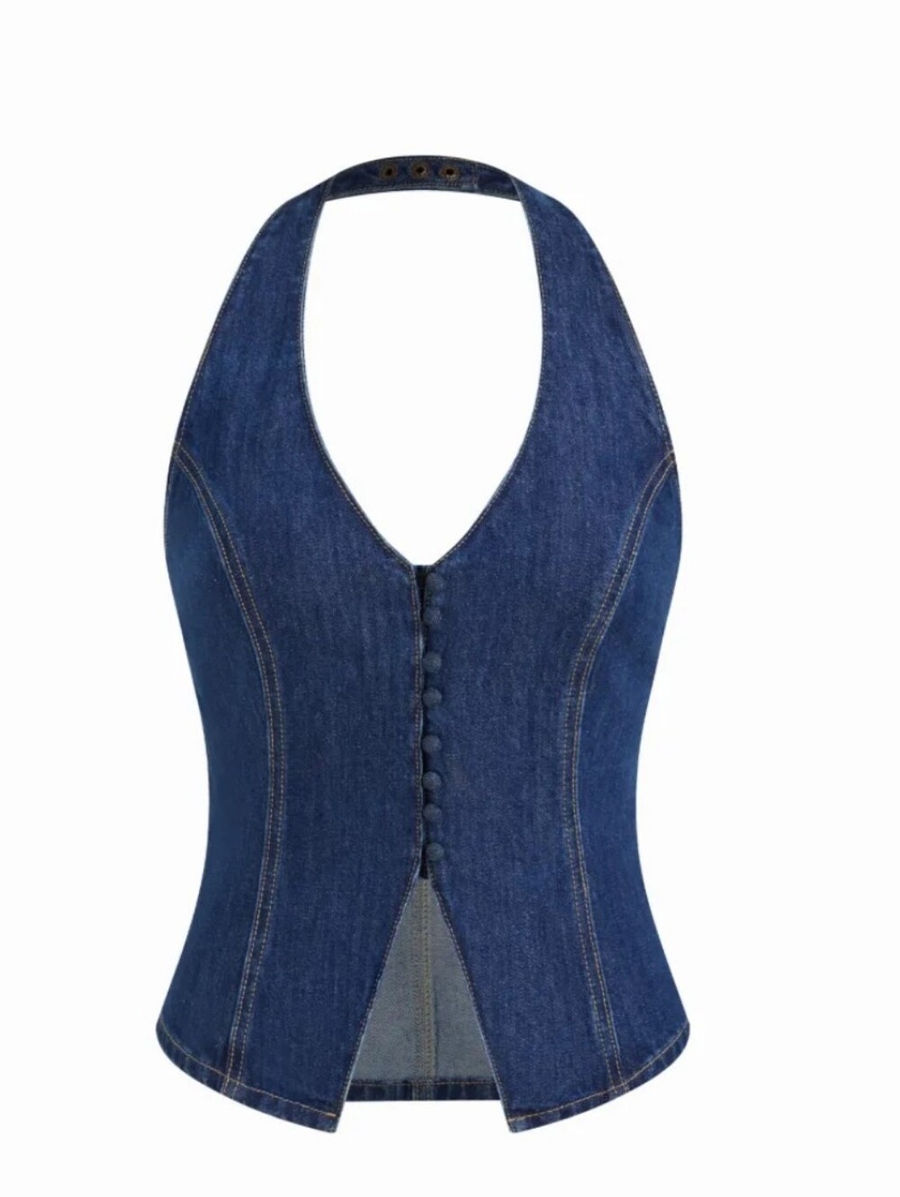Cider Navy Denim Halter V-Neck Split Front Top